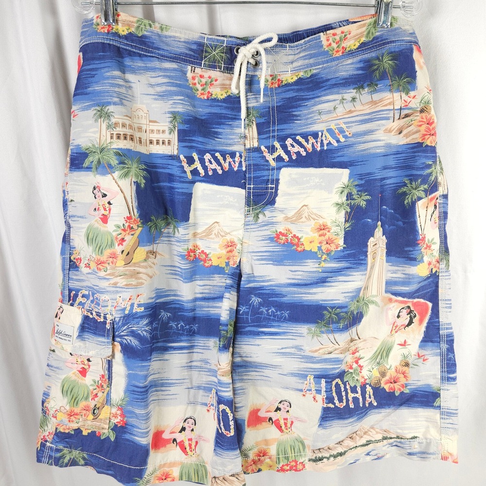 Polo Ralph Lauren Men's Large Blue Hawaiian Swim Trunks Board Shorts‎